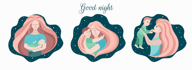 妈妈和小儿子，新生儿，母乳喂养，拥抱，夜晚。向量集图标，插图上的主题母亲节。图片下载