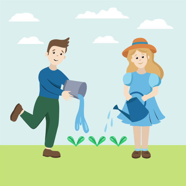 孩子成长的植物。一个男孩和一个女孩正在给豆芽浇水。年轻的园丁。矢量图图片下载