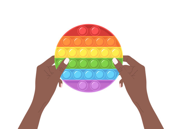 流行坐立不安。非洲女性手中时髦的感官玩物。圆圈形状的儿童抗压力游戏。彩色的手推泡沫玩具。矢量插图在平面卡通风格图片下载