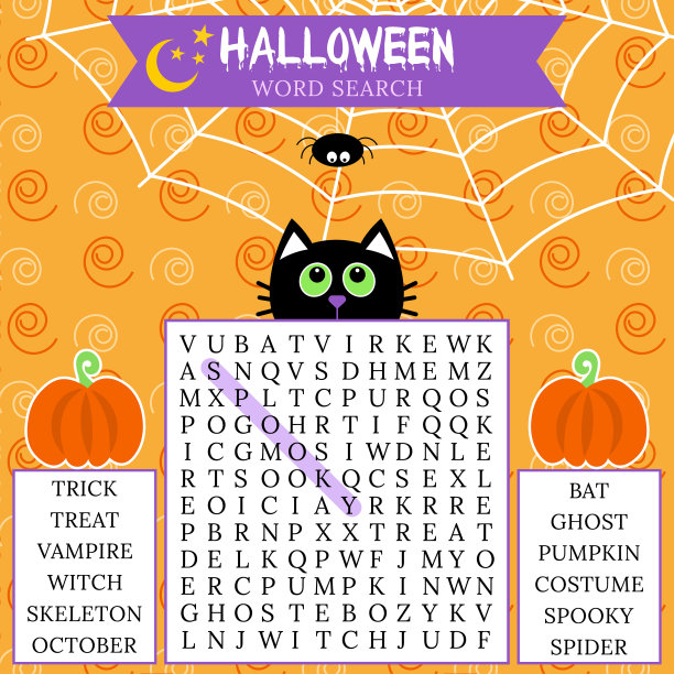万圣节单词搜索谜题。填字游戏学习英语单词关于秋季假期。逻辑游戏。供应活动的想法。图片下载