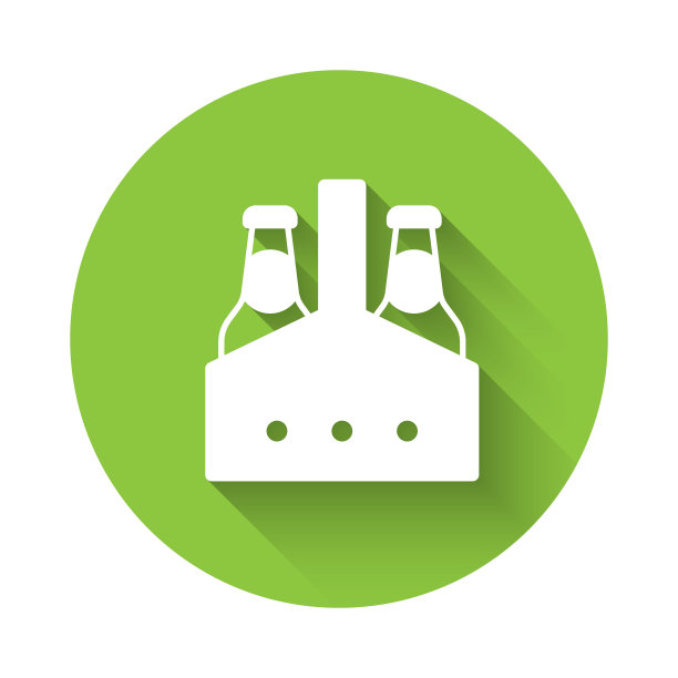 白色包装的啤酒瓶图标孤立与长阴影背景。箱箱啤酒箱标志。绿色圆圈按钮。向量图片下载