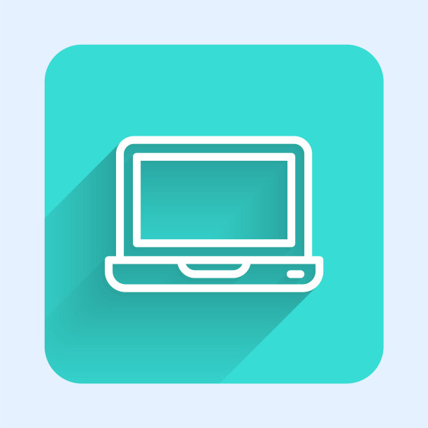 白色线笔记本电脑图标孤立与长阴影。屏幕空的笔记本电脑。绿色广场按钮。向量图片下载