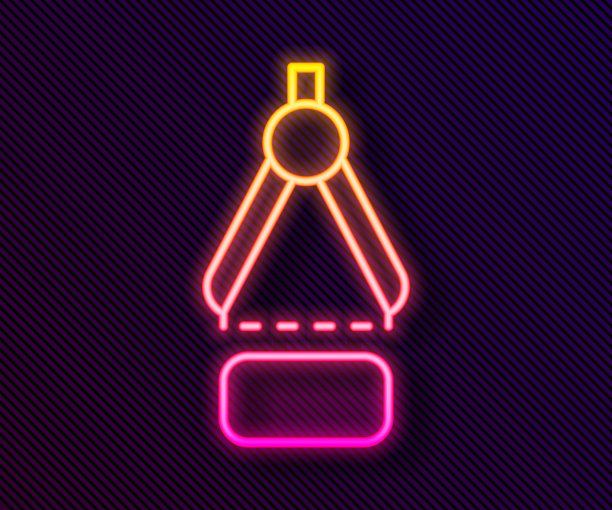 发光的霓虹灯线绘制罗盘图标孤立在黑色背景。指南针的迹象。绘画和教育工具。几何工具。向量图片下载