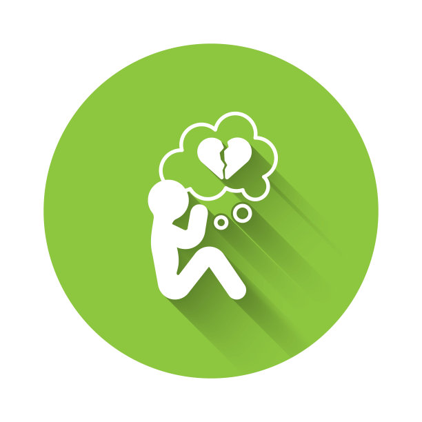 白色破碎的心或离婚图标孤立与长阴影背景。爱的象征。情人节。绿色圆圈按钮。向量图片下载