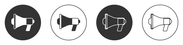 黑色扩音器图标孤立在白色背景。演讲者的迹象。圆按钮。向量图片下载