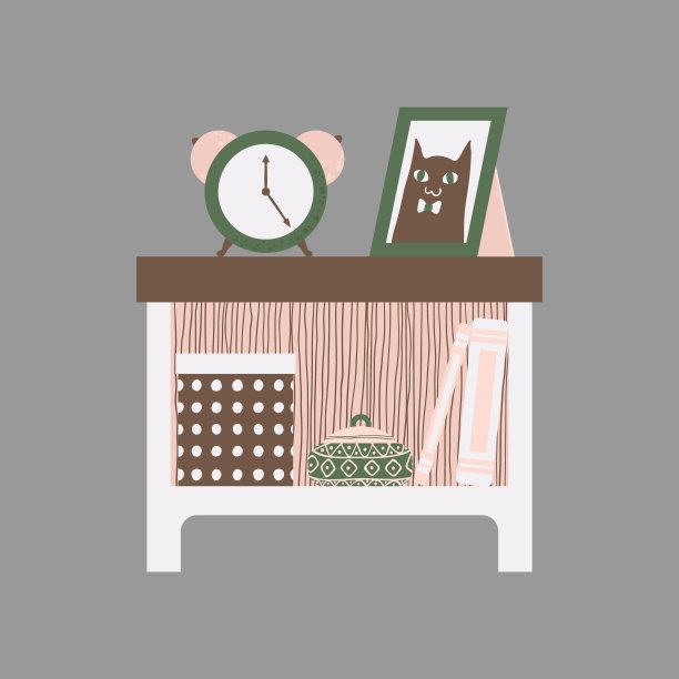 斯堪的纳维亚风格的床头柜与书、钟和箱子的剪贴艺术。卡通风格的床头柜矢量剪辑艺术。家里舒适的家具。孤立在白色背景上。图片下载
