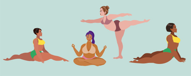 另外，不同国籍的胖女人练习瑜伽和运动。胖女人过着健康的生活方式。图片下载