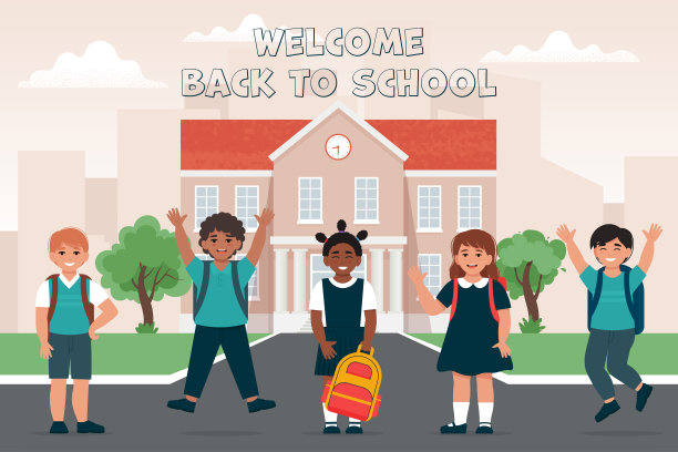 小学生们穿着校服，背着书包靠近教学楼，快乐的孩子们。返回校园横幅图片下载