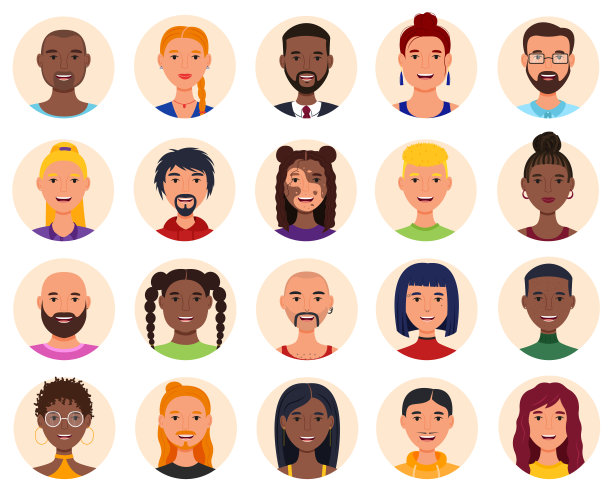 一组微笑的人的化身。男人和女人的各种不同寻常的外表。图片下载
