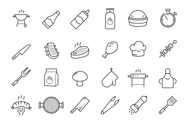 烧烤，牛排馆，烧烤矢量图标设置。图片下载