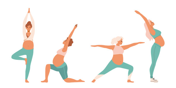 孕妇穿着运动服做伸展运动集。各式各样的女性用腹部练习产前瑜伽锻炼课程。姿势，体式集合，伸展不同的姿势，锻炼图片下载