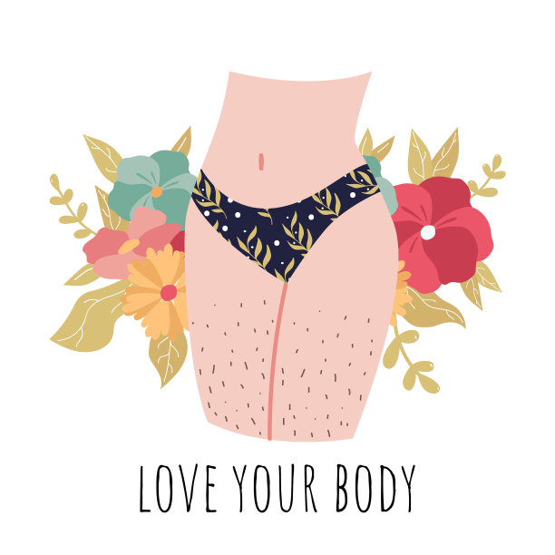 大腿上的身体毛发，矢量手绘贴纸印花。身体积极多样。女性体毛正常化，自爱。女性加大臀部，腿部和腰部的内裤，内裤图片下载