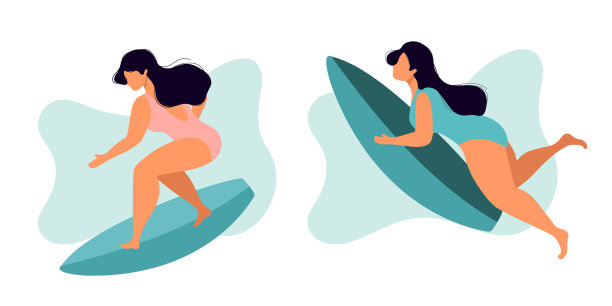 在海里冲浪的女人。冲浪者站在冲浪板上，海滩和夏天的感觉。热带夏威夷印花，泳装冲浪女孩。体育活动，假期，假期。图片下载