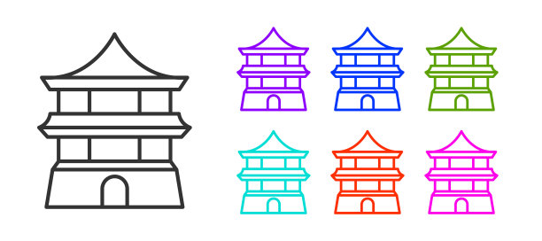 传统的中国房子图标孤立在白色背景上。设置图标丰富多彩。向量图片下载