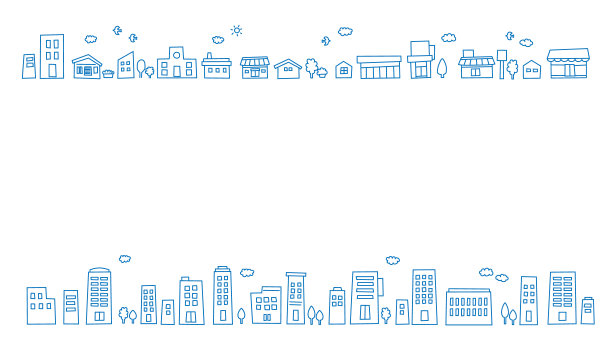 城市,蓝色。可爱的线条画插图，背景材质(16:9比例)图片下载