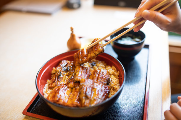 近距离拿起日本烤鳗鱼(Unagi)与筷子图片下载