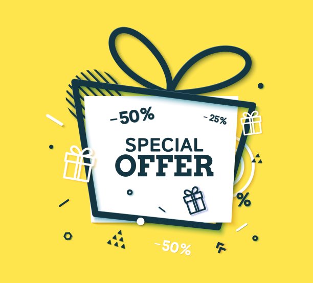 特别优惠折扣黑色框架和白色矩形剪纸风格。轮廓礼盒形状与弓和几何形状。矢量标签与地方推广文字，价格标签，销售广告。图片下载