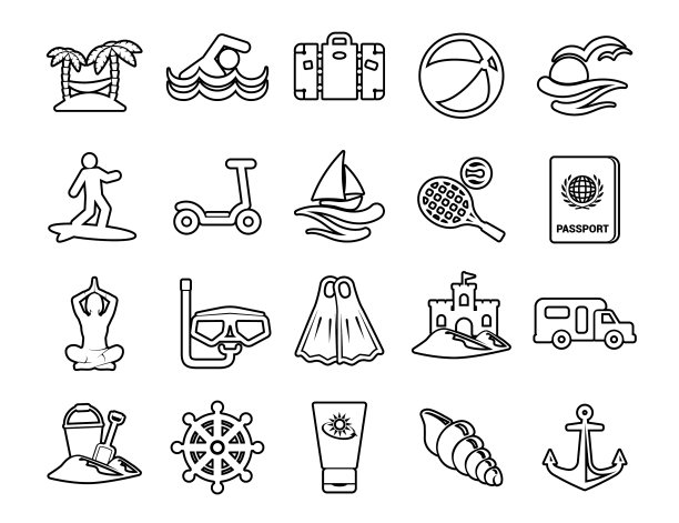 设置最小现代薄笔触黑色旅行图标图片下载