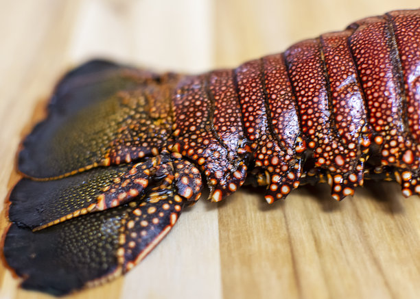 一个龙虾尾巴在木头砧板上的特写。图片下载