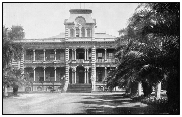 古董黑白照片:国王宫殿，檀香山，夏威夷图片下载