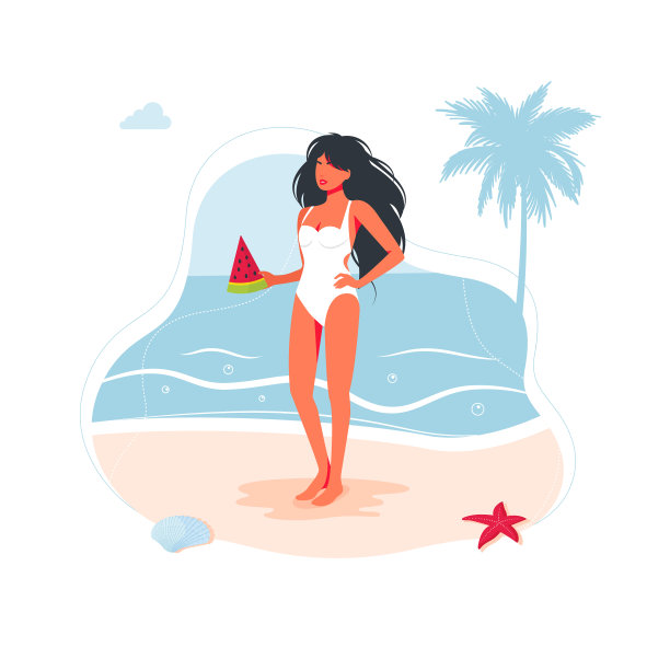 沙滩上穿着泳衣的女人和西瓜图片下载