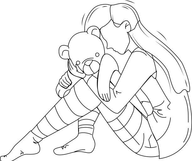 有创伤的女孩拥抱泰迪熊玩具图片下载