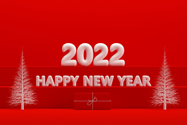 2022年圣诞新年概念，红色背景，楼梯站讲台图片下载