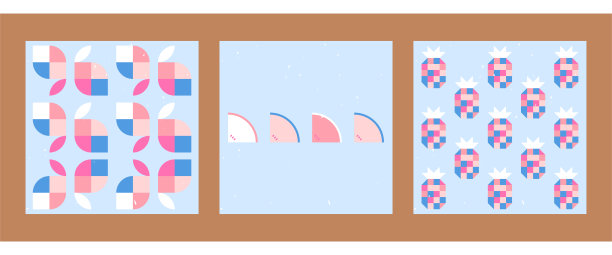 复古抽象插图与几何形状，柠檬，西瓜，菠萝。图片下载