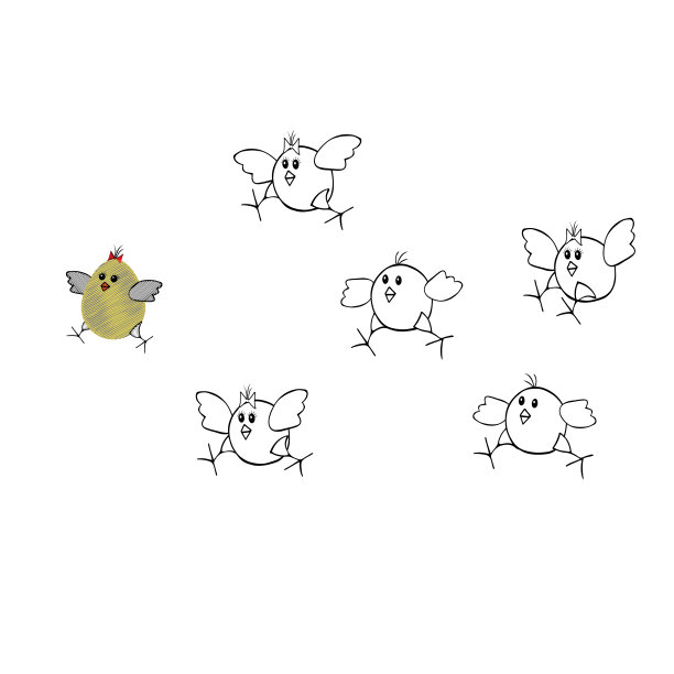 一只黄色和一组扇形黑色矢量复活节鸡在白色背景上互相追逐图片下载