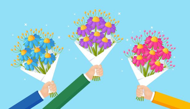 人手中一束美丽的花束。一束鲜花作为礼物。卡通贺卡设计。矢量图图片下载