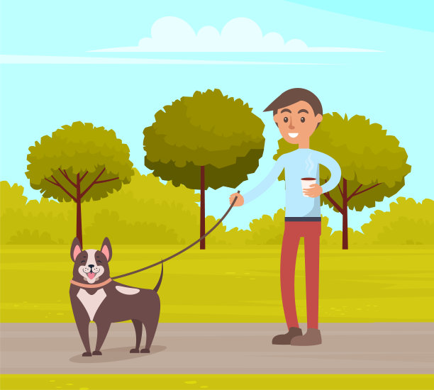 一个人在夏天的公园遛狗。一个人在城市花园散步时牵着皮带喝着咖啡图片下载