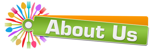 关于我们绿色橙色彩色匙叉刀圆形标签图片下载