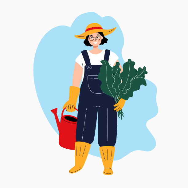 微笑的园丁与喷壶。穿着工作服、胶靴、手套和帽子的卡通女人。年轻迷人的农民拿着树叶。矢量插图海报，横幅，网站。图片下载