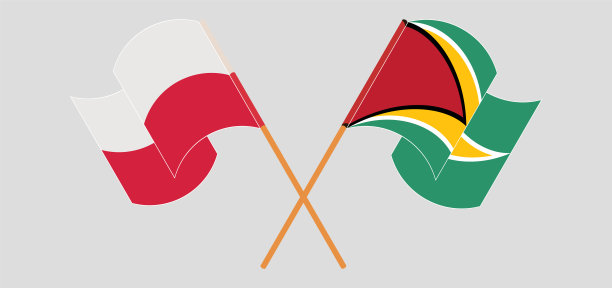 波兰和圭亚那的国旗交叉并飘扬图片下载