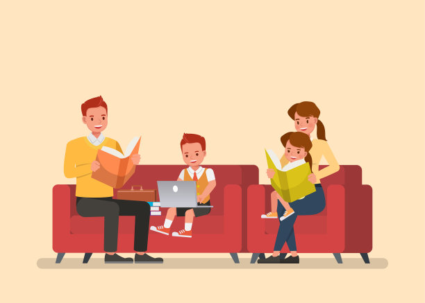 幸福家庭人物矢量设计。父亲，母亲，儿子和女儿一起读书。图片下载