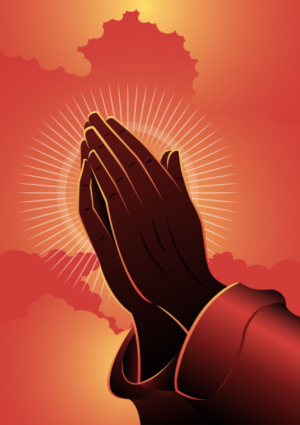 祈祷的手在红云的背景。矢量图图片下载