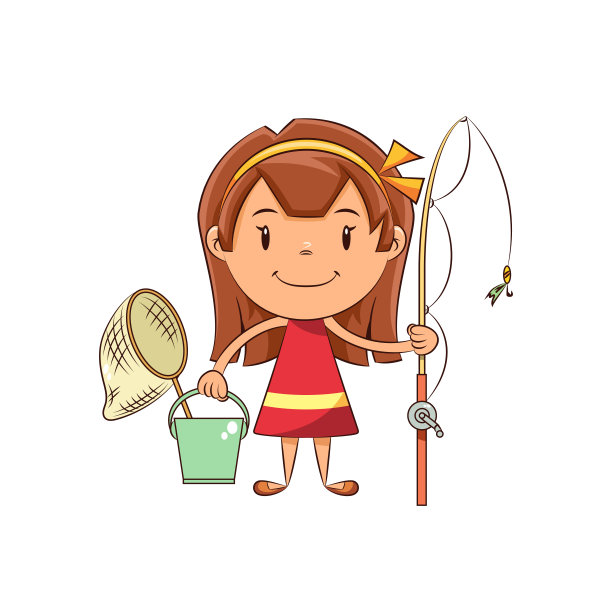 女孩拿着鱼竿，快乐可爱的孩子图片下载