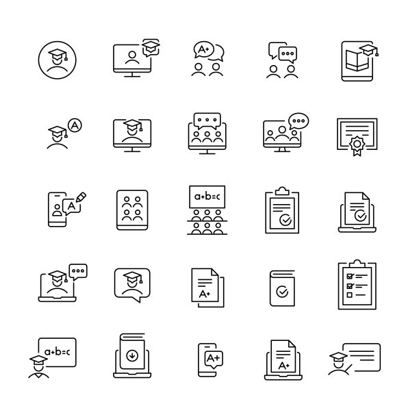 电子学习图标集。毕业，毕业，网上学校，成绩好。像素完美，可编辑的笔触。图片下载