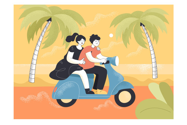 一对年轻夫妇骑着摩托车在海上行驶图片下载