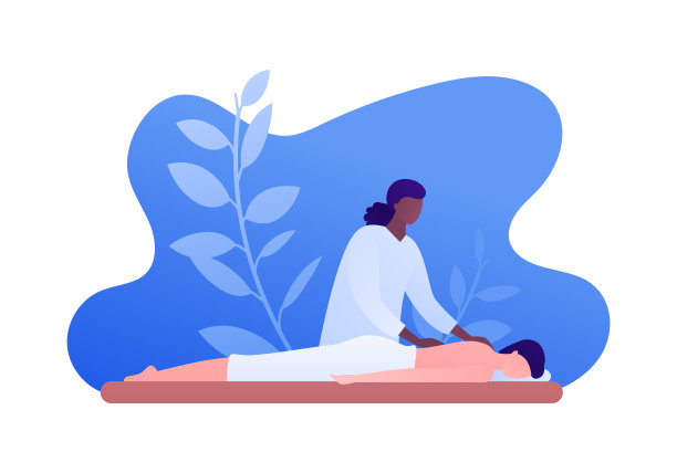 按摩治疗的概念。矢量平面人插图。非裔美国女性治疗师和病人躺在沙发上按摩。为保健、健康而设计。图片下载