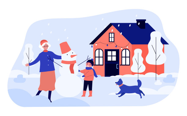 奶奶和孙子在后院堆雪人图片下载