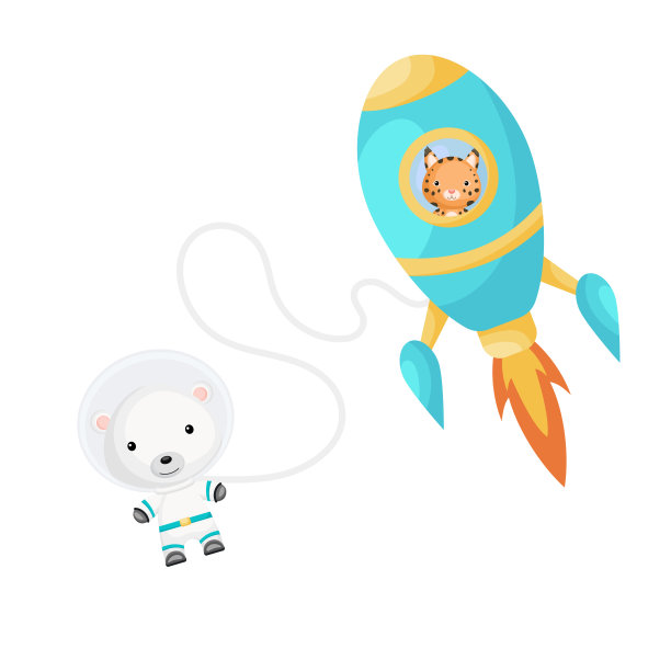 可爱的小山猫在水上火箭飞行。卡通北极熊角色在太空服装与火箭在白色背景。设计婴儿送礼会，邀请卡，墙壁装饰。矢量图图片下载