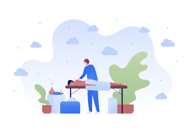 按摩治疗的概念。矢量平面人插图。女治疗师按摩和病人躺在沙发上。熏香，毛巾，植物作为背景。为保健、健康而设计。图片下载