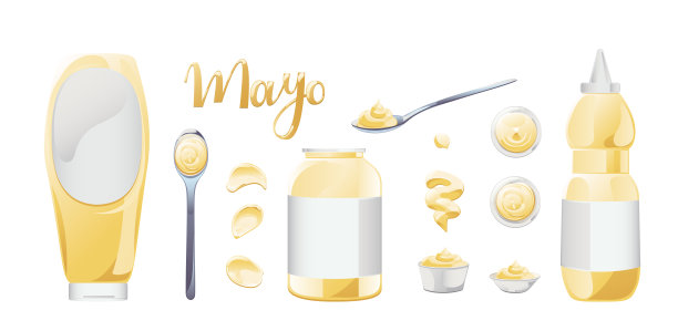 蛋黄酱在碗，瓶子和污渍固定。图片下载