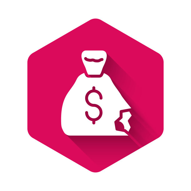 白色钱袋图标孤立与长阴影背景。美元或美元符号。现金银行货币符号。粉红色的六角按钮。向量图片下载