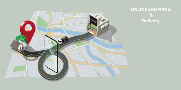 矢量等距购物网上送货概念移动货车运行在道路上，以电子导航仪的形式在粗略的地图上把货物从商店到客户在家里图片下载