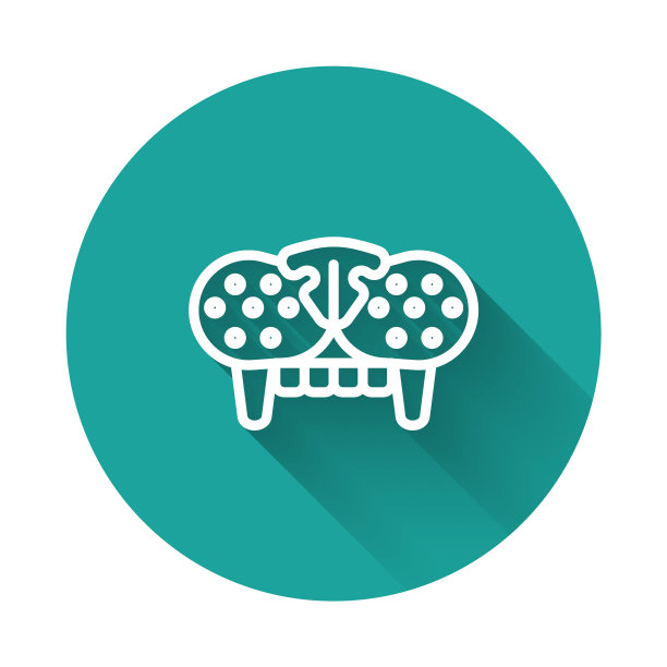 白色线猫牙图标孤立与长阴影背景。绿色圆圈按钮。向量图片下载