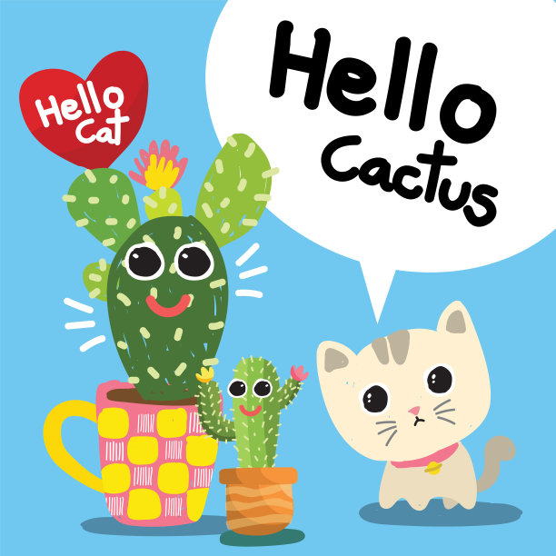 明信片横幅卡通猫和仙人掌可爱的矢量插图背景04图片下载
