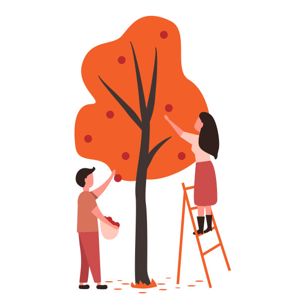 人们在花园里或农场里摘水果。农夫在秋天采集水果。收获的概念。矢量插图在光泽的satle。孤立在白色背景上。图片下载