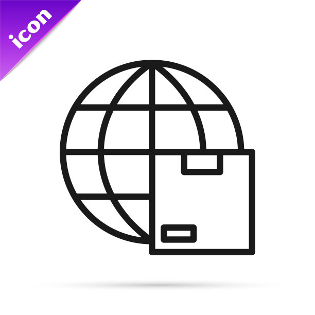 黑线全球航运和纸板箱图标孤立在白色背景。向量图片下载